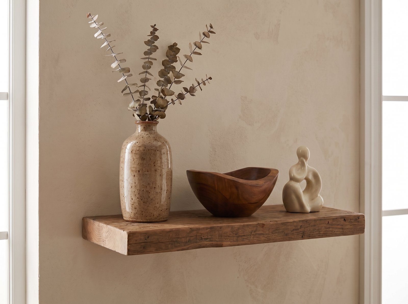 A ceramic vase with dried branches grouped with two smaller objects on a shelf